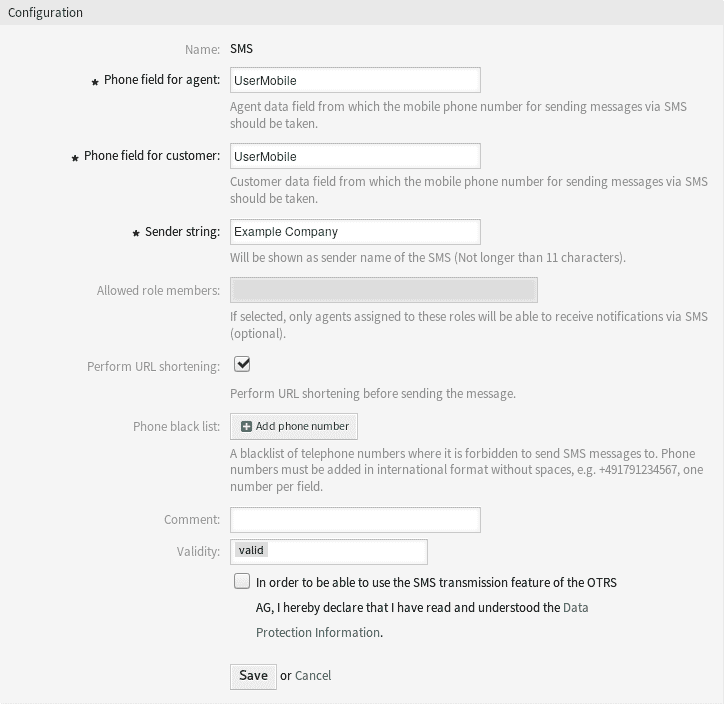 Konfiguration des SMS-Cloud-Dienstes in OTOBO