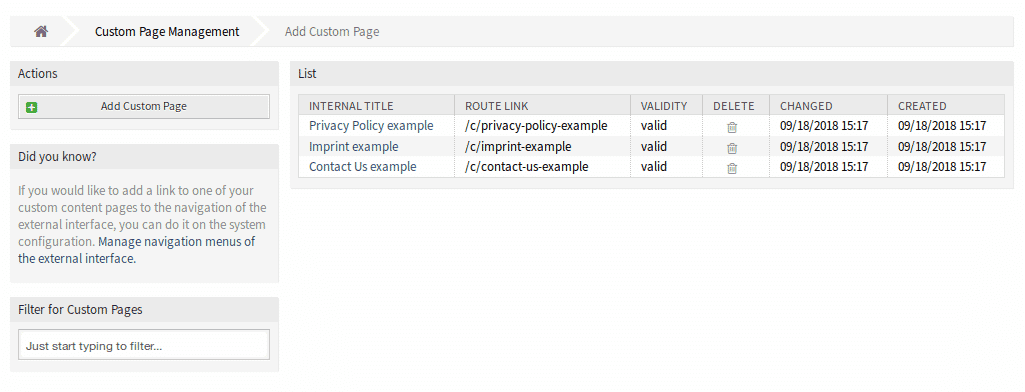 Management of custom pages in OTOBO