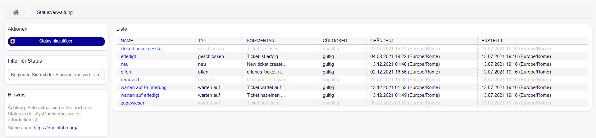 OTOBO Ticketsystem - Status Ticket Queue Ansicht