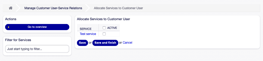 Dienste für Kundenbenutzer zuweisen Bildschirm