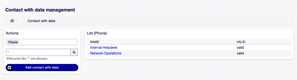 Verwaltungsbildschirm Kontakt mit Daten 1