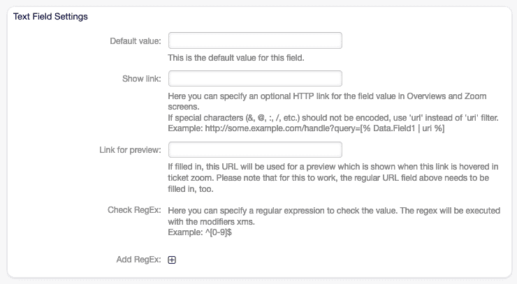 Einstellungen für Dynamische Felder vom Typ Text 1