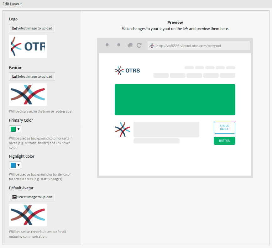 Layout editing screen in OTOBO