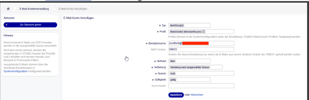 PostMaster Mail Account in OTOBO anpassen [1]