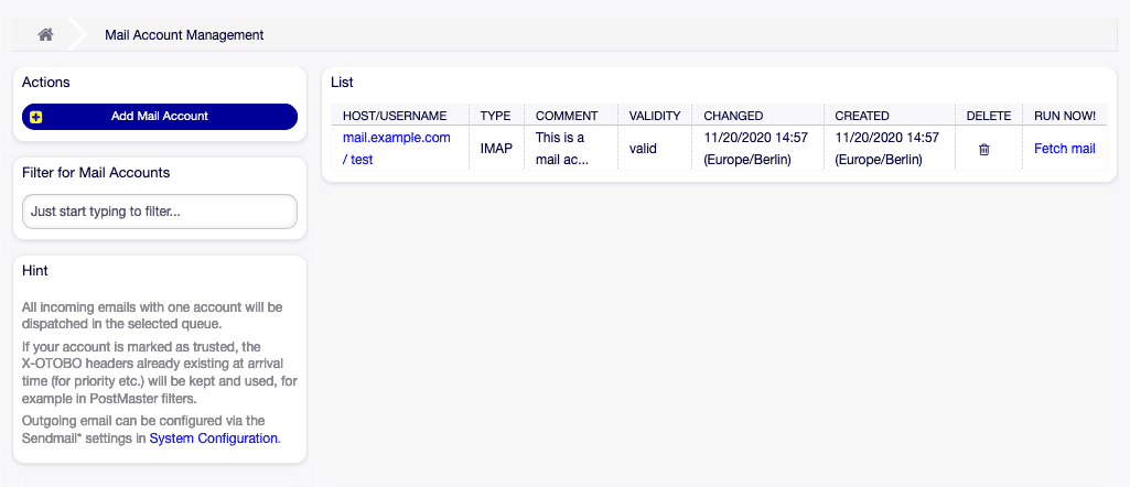 E-Mail-Konto-Verwaltungsbildschirm in OTOBO 1