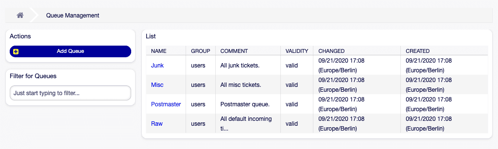 Bildschirm zur Verwaltung der Warteschlangen