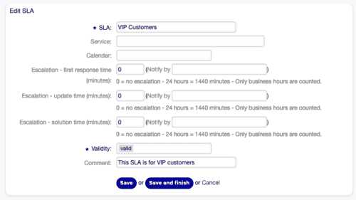 Edit Service Level Agreement Screen