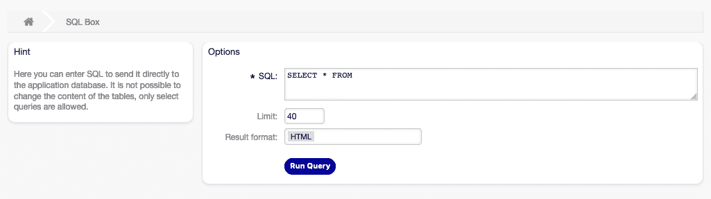 Einstellungen der SQL-Box in OTOBO