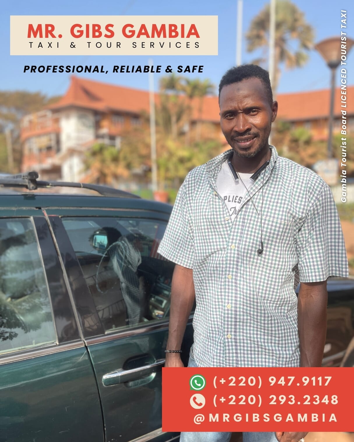 Chauffeur Gibs voor de auto - vervaagde huisachtergrond - Serekunda Gambia